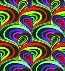Psychedelic colorful seamless vector pattern of waving lines in the 60's and 70's optical art style.