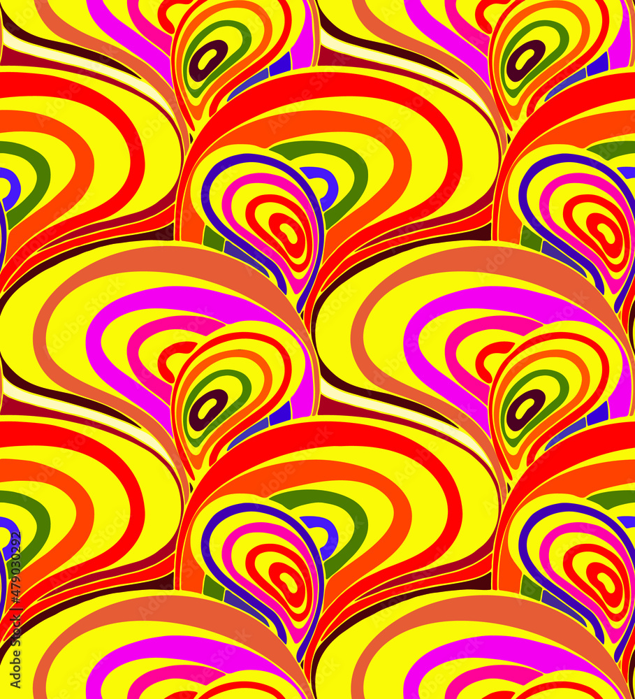 Poster psychedelic yellow and red hues seamless vector pattern of waving lines in the 60's and 70's optical