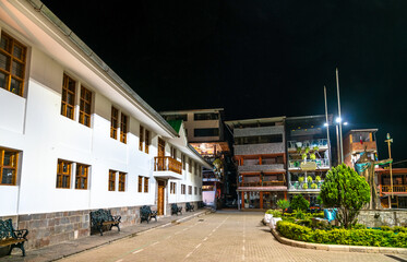 Central square of Aguas Calientes near Machu Picchu in Peru at night