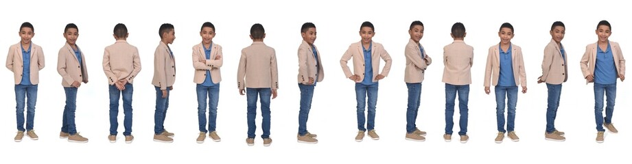 line of same boy possing with blazer and jeans on white background