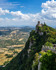 Scenic panoramic view over Republic of San Marino seen from Mount Titano