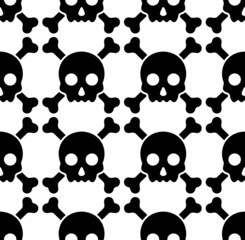 Vector seamless pattern of flat minimal black and white skull and crossbones on white background.
