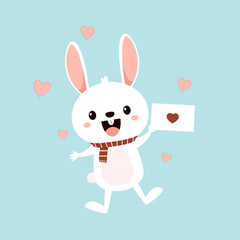 Valentine's day card with Kawaii bunny. Rabbit cartoon vector collection. Animal wildlife character. Small lovely rabbit holds love heart. Valentine's day illustration.