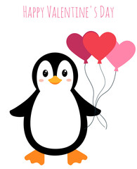 Obraz premium eeting card for Valentine's Day with cute penguin. Cartoon penguin with hearts-balloons. Happy Valentine's Day.