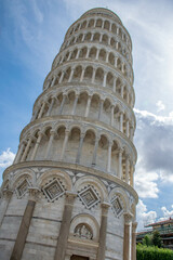 Pisa, Italy, September 2015, Leaning Tower of Pisa, bottom view against a blue sky
