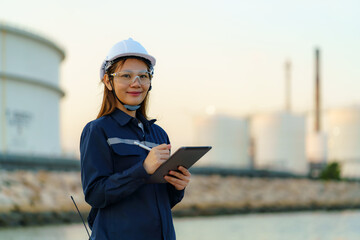 Asian engineer woman are checking the maintenance of the oil refinery factory at evening via...