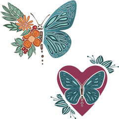 Beautiful colored ethnic love butterflies are hand drawn