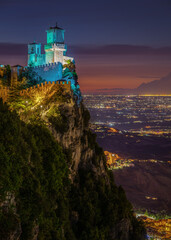 Amazing sunset view of Mount Titano and Guaita tower at Republic of San Marino