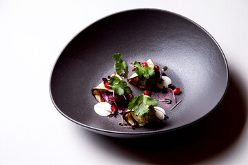 traditional georgian appetizer assorted pkhali in a dark plate on a light background