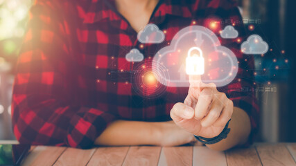 Internet security concept. Businessmen pointing to pop-up virtual screens of cloud computing technology. Online data collection, global database, cloud sharing download and upload big data.