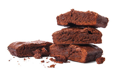 Pieces of tasty chocolate brownie isolated on white background