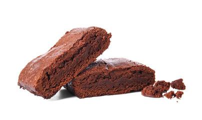 Pieces of tasty chocolate brownie isolated on white background