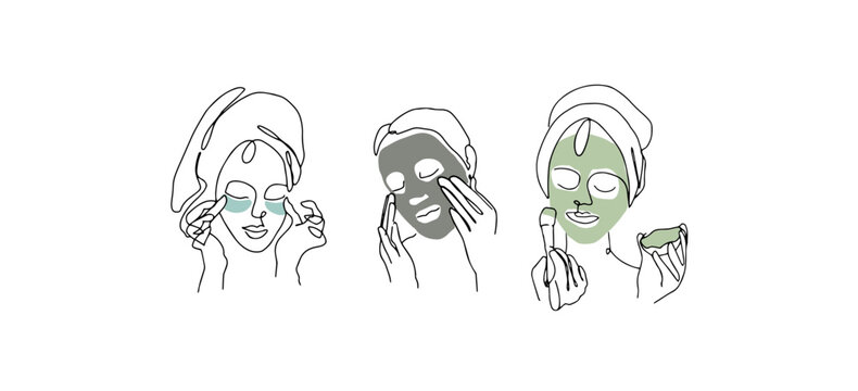 vector illustration. minimalistic illustrations. One line. Linear art.Symbols. Icons.Handdraw graphics.Beautiful Women Make Facial Masks. Face Cosmetics. Spa Treatments. Natural Cosmetics