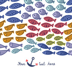 Wave of fish. Cute fish card. Cute vector  sea motif.