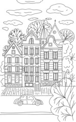 Houses Amsterdam coloring sketch street trees city car clouds in the sky postcard background hand drawn vector illustration
