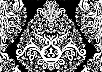 Classical luxury old fashioned damask ornament, royal victorian floral baroque. Seamless pattern, background. Black and white graphics. Vector illustration.
