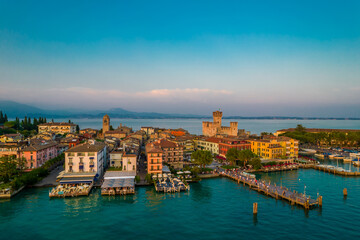 Fototapeta na wymiar Aerial top view photo Sirmione city old town panorama on lake Garda in Lombardy, Italy. 