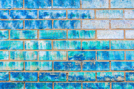 Wall Bricks Blue Mixture Colors Paint Background Closeup Detail Outdoors.