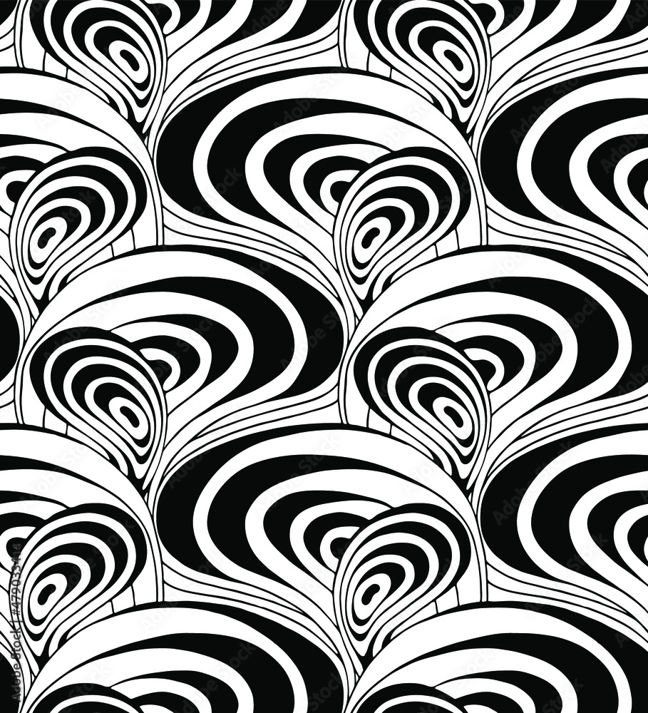Poster psychedelic black and white seamless vector pattern of waving lines in the 60's and 70's optical art