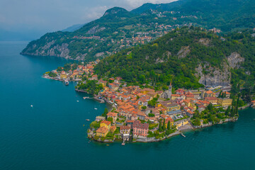 Fototapeta na wymiar Aerial view of Varenna village. Varenna is a picturesque and traditional village, located on the eastern shore of Lake Como, Italy