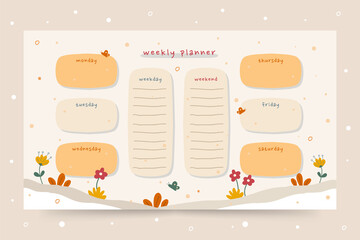 Printable playful spring weekly planner with beige nude and yellow colors hand-drawn illustration.