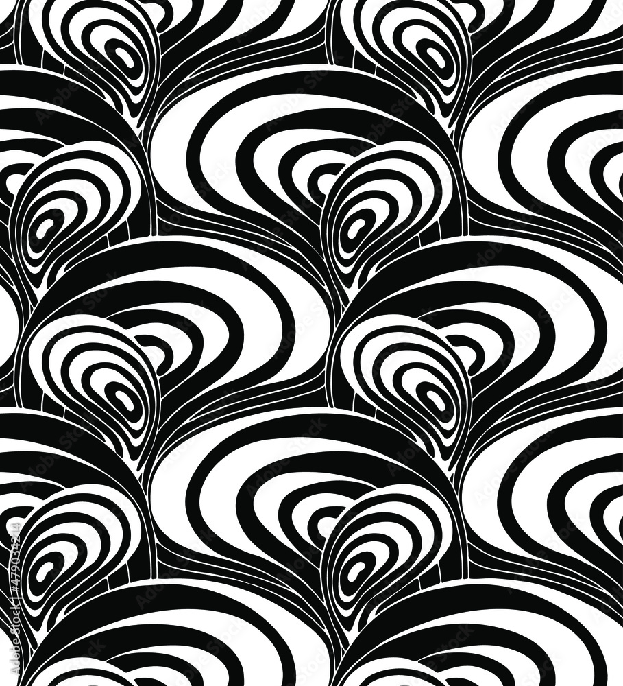 Poster psychedelic black and white seamless vector pattern of waving lines in the 60's and 70's optical art