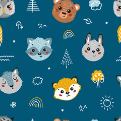 Cute Animal Faces Vector Seamless Pattern. Doodle Forest Animals: Bear, Fox, Hare, Owl, Raccoon and Wolf. Woodland Baby Background.