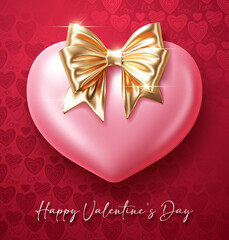 Valentines Day background with 3d heart and gold ribbon bow. Design element for greeting card or sale banner. Vector illustration