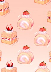 Different strawberry cake hand drawn background