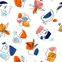 Minimal elegant vector pattern.Abstract backgrounds with drawn minimal shapes and line art faces, fruits, flowers.