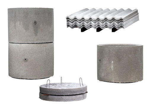Building materials isolated on white. Reinforced concrete rings for wells, covers and bottoms of wells,  stack of slate. Design elements for the design of promotional products of construction store.
