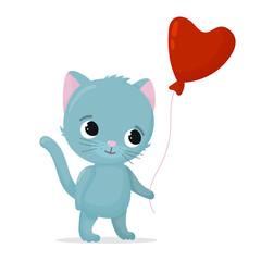 Cute shy blue cat with red heart balloon. Valentines day postcard. Vector illustration