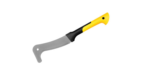 A small hook-shaped machete for cutting small branches and twigs. Garden tool with a bright plastic handle. Survival weapons. Isolate on a white back