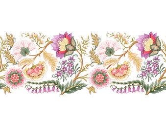 Fantasy flowers in retro, vintage, jacobean embroidery style. Border line seamless pattern, background. Vector illustration.