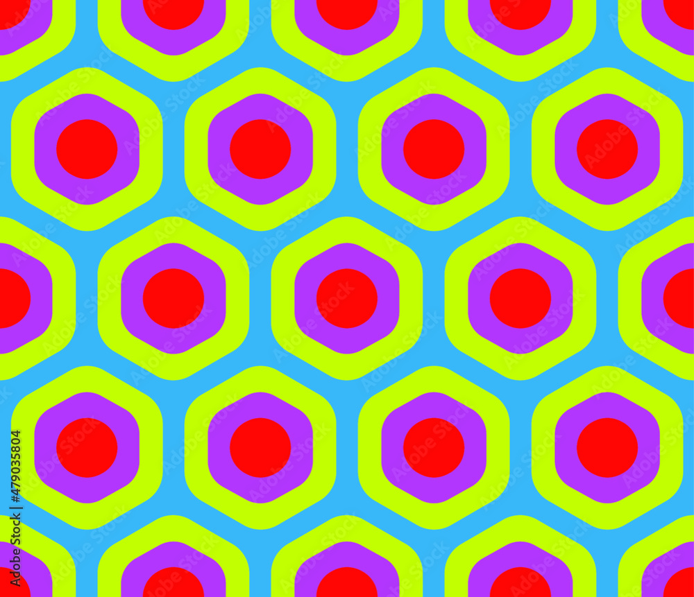 Poster vector seamless geometric pattern of abstract colorful hexagonal shapes in the style of sixties psyc