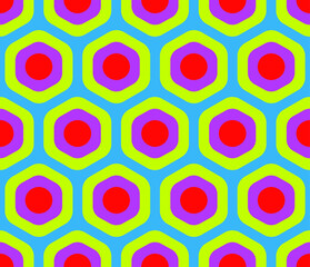 Vector seamless geometric pattern of abstract colorful hexagonal shapes in the style of sixties psychedelic patterns.