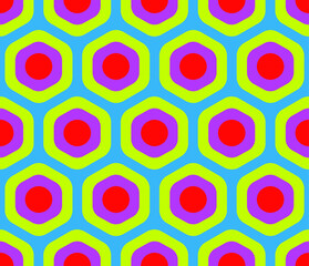 Vector seamless geometric pattern of abstract colorful hexagonal shapes in the style of sixties psychedelic patterns.