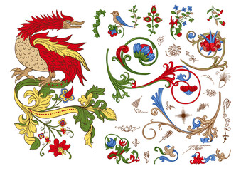 Floral vintage Medieval illuminati manuscript inspiration. Romanesque style. Clip art, set of elements for design Vector illustration