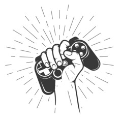 Hand holds gamepad, oldschool videogame joystick, gamer squeeze in hand game controller, vector © gomixer