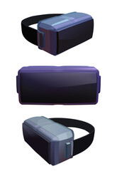 Set Virtual reality glasses in perspective. Vector illustration of an augmented reality helmet in purple and blue tones. Colection of isolated objects