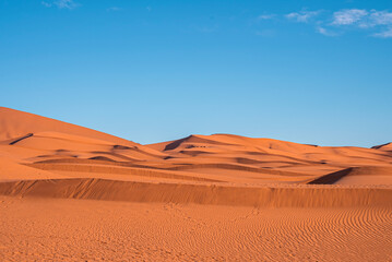 Fototapeta na wymiar Beautiful view of sand dunes in sahara desert on sunny summer day, Sand dunes with waves pattern in desert