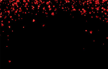 Red falling hearts confetti on black background with space for text.