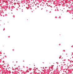 Pink falling hearts confetti square frame on white background with space for text.