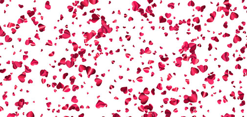 Pink foil hearts confetti on white background.
