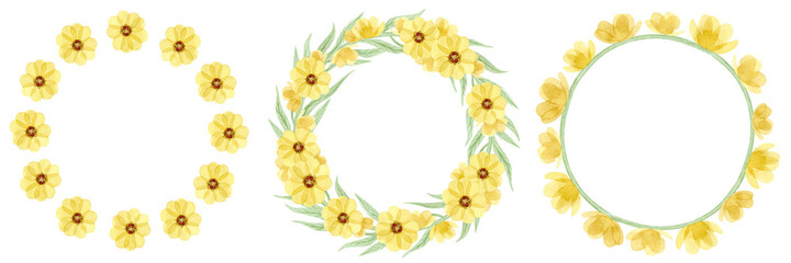 Set of watercolor frames with yellow flowers and leaves isolated on white background.