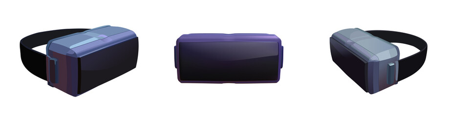 Set Virtual reality glasses in perspective. Vector illustration of an augmented reality helmet in purple and blue tones. Colection of isolated objects
