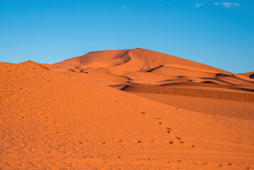 Beautiful view of footprints on sand dunes in sahara desert against clear sky, Footsteps on sand dunes in desert landscape