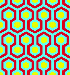 Vector seamless geometrical pattern of abstract colorful hexagonal shapes in the style of sixities psychedelic patterns.