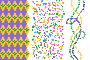 Mardi Gras carnival clip art design elements, beads, pattern with rhombuses and fleur de lis. Simple flat vector illustration - obrazy, fototapety, plakaty