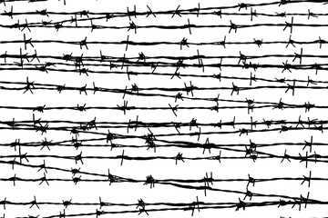 Impenetrable entangled barbed wire vector seamless pattern. Black  on white illustration backdrop.